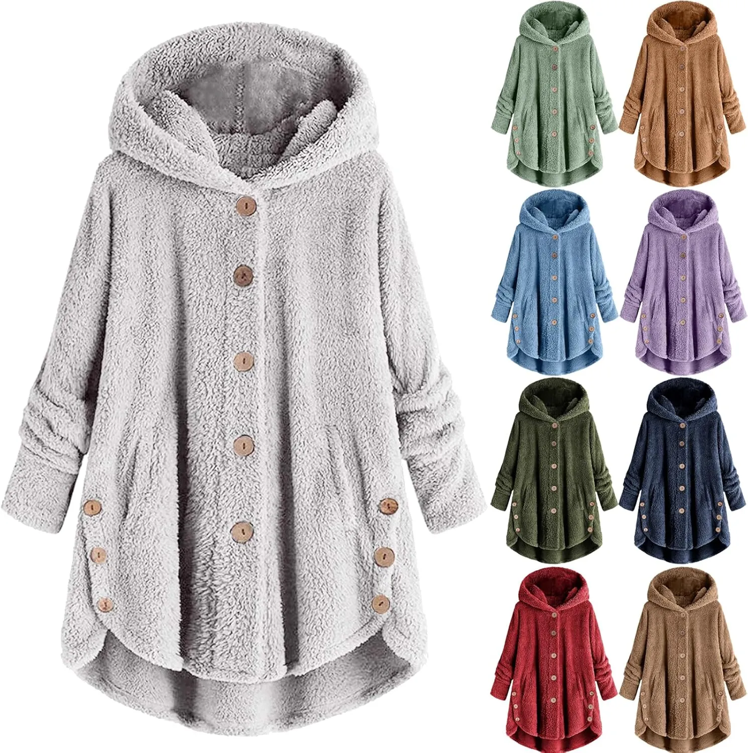 Plus Size Sherpa Tops For Women Casual Loose Button Down Hooded Fuzzy Fleece Jackets Warm Winter Loungewear