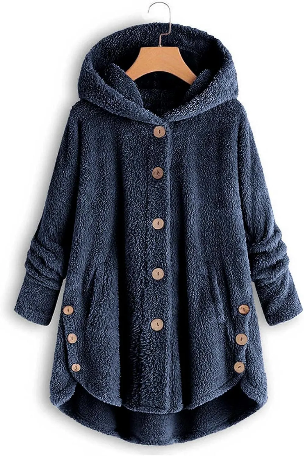 Plus Size Sherpa Tops For Women Casual Loose Button Down Hooded Fuzzy Fleece Jackets Warm Winter Loungewear