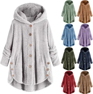 Plus Size Sherpa Tops For Women Casual Loose Button Down Hooded Fuzzy Fleece Jackets Warm Winter Loungewear