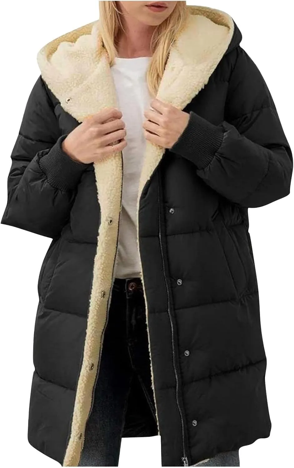 Plus Size Winter Coats for Women Sherpa Lined Fleece Long Puffer Jacket Thickened Casual Zip Up Parka Jacket