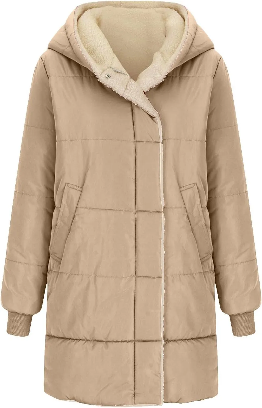 Plus Size Winter Coats for Women Sherpa Lined Fleece Long Puffer Jacket Thickened Casual Zip Up Parka Jacket