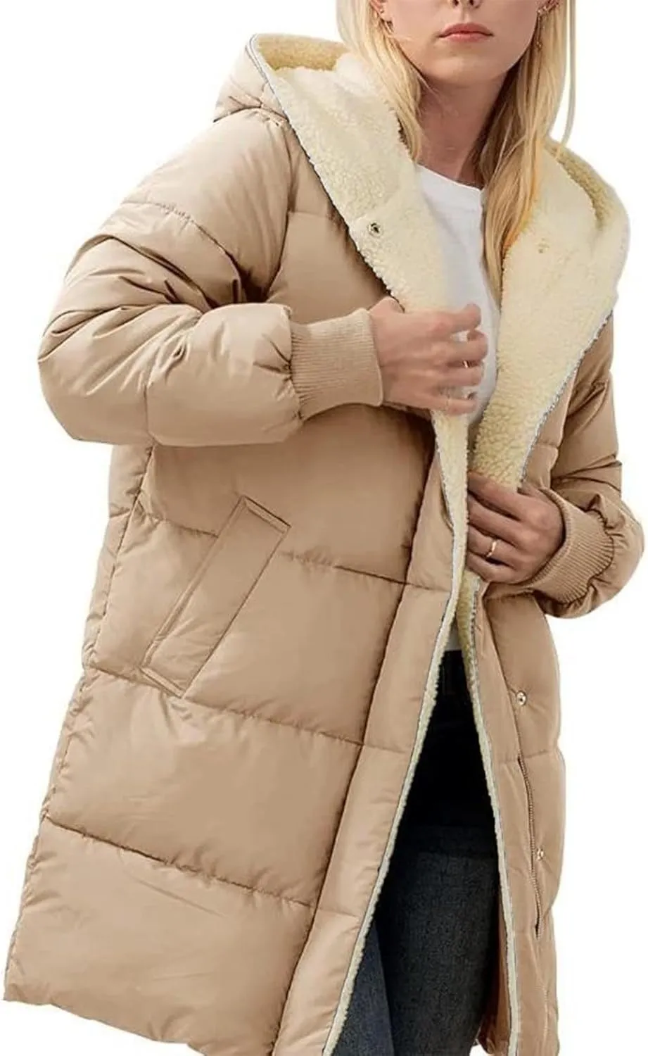 Plus Size Winter Coats for Women Sherpa Lined Fleece Long Puffer Jacket Thickened Casual Zip Up Parka Jacket