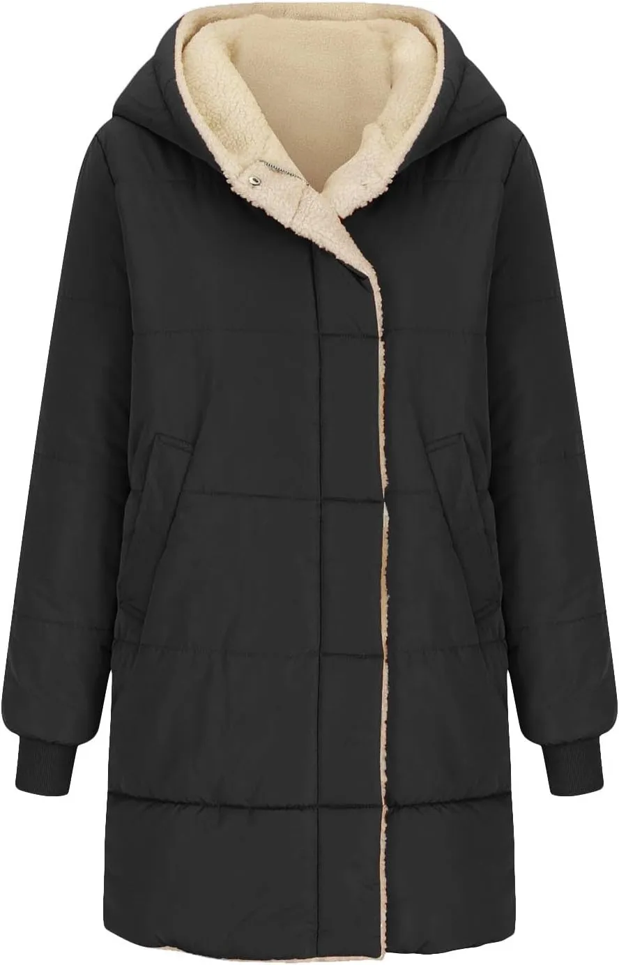 Plus Size Winter Coats for Women Sherpa Lined Fleece Long Puffer Jacket Thickened Casual Zip Up Parka Jacket