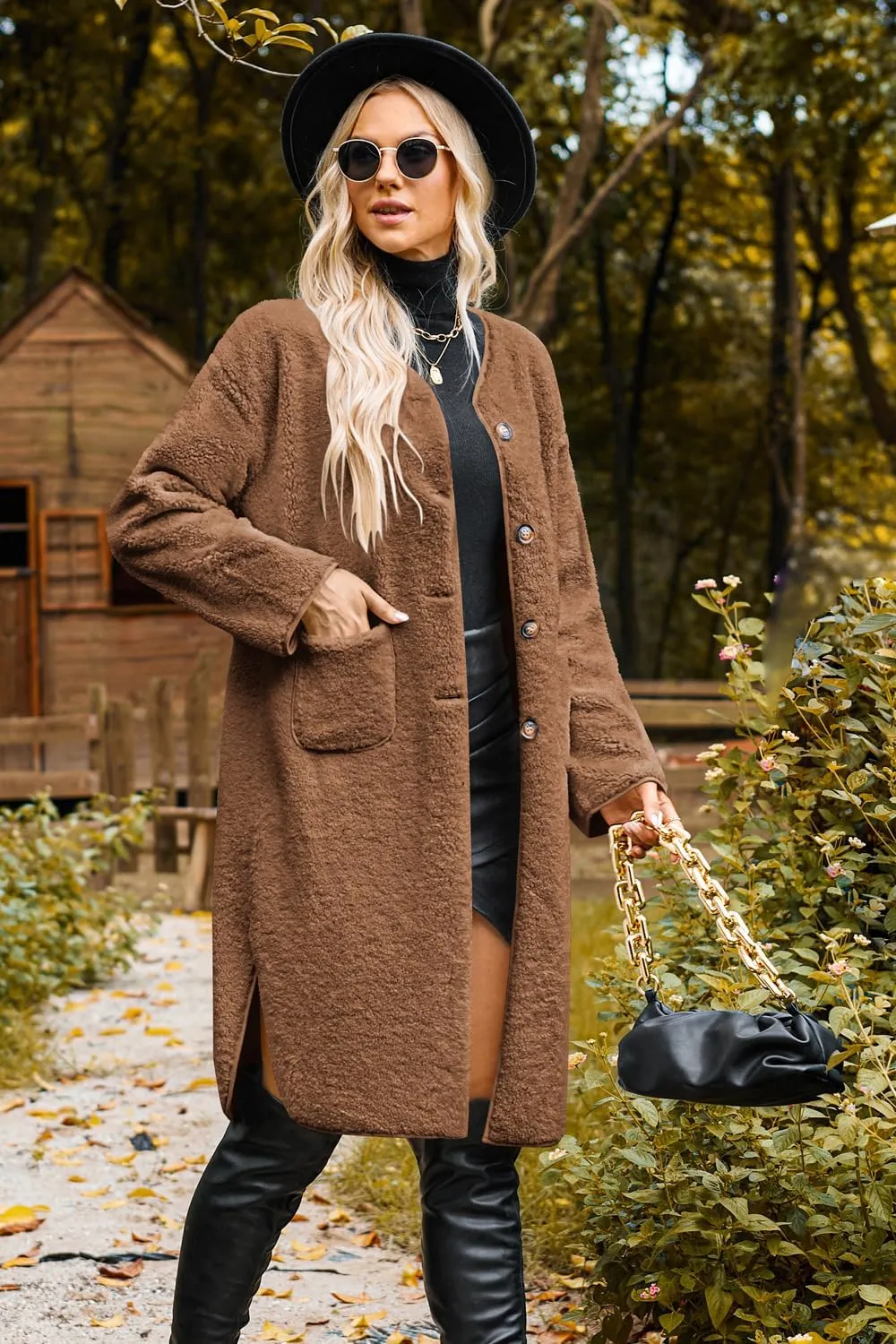 Poetsky Womens Winter Teddy Faux Fur Coats Warm Button Down Fuzzy Fleece Long Jacket Outerwear Outfits