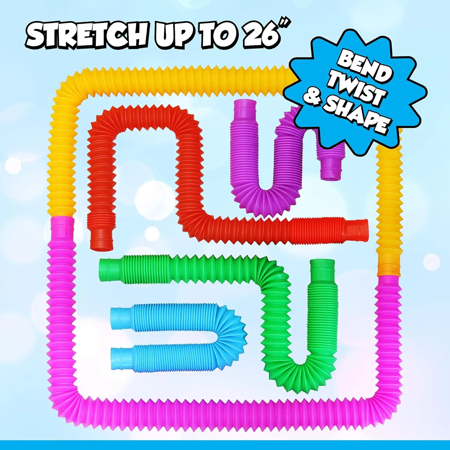 Pop Tubes Sensory Toys 24 Pack, Fine Motor Skills Toddler Toys, Thick Fidget Sensory Toys for Kids and Adults, Learning Toys, 7.5" in Diameter, Stretches Up to 26" by Playkidz