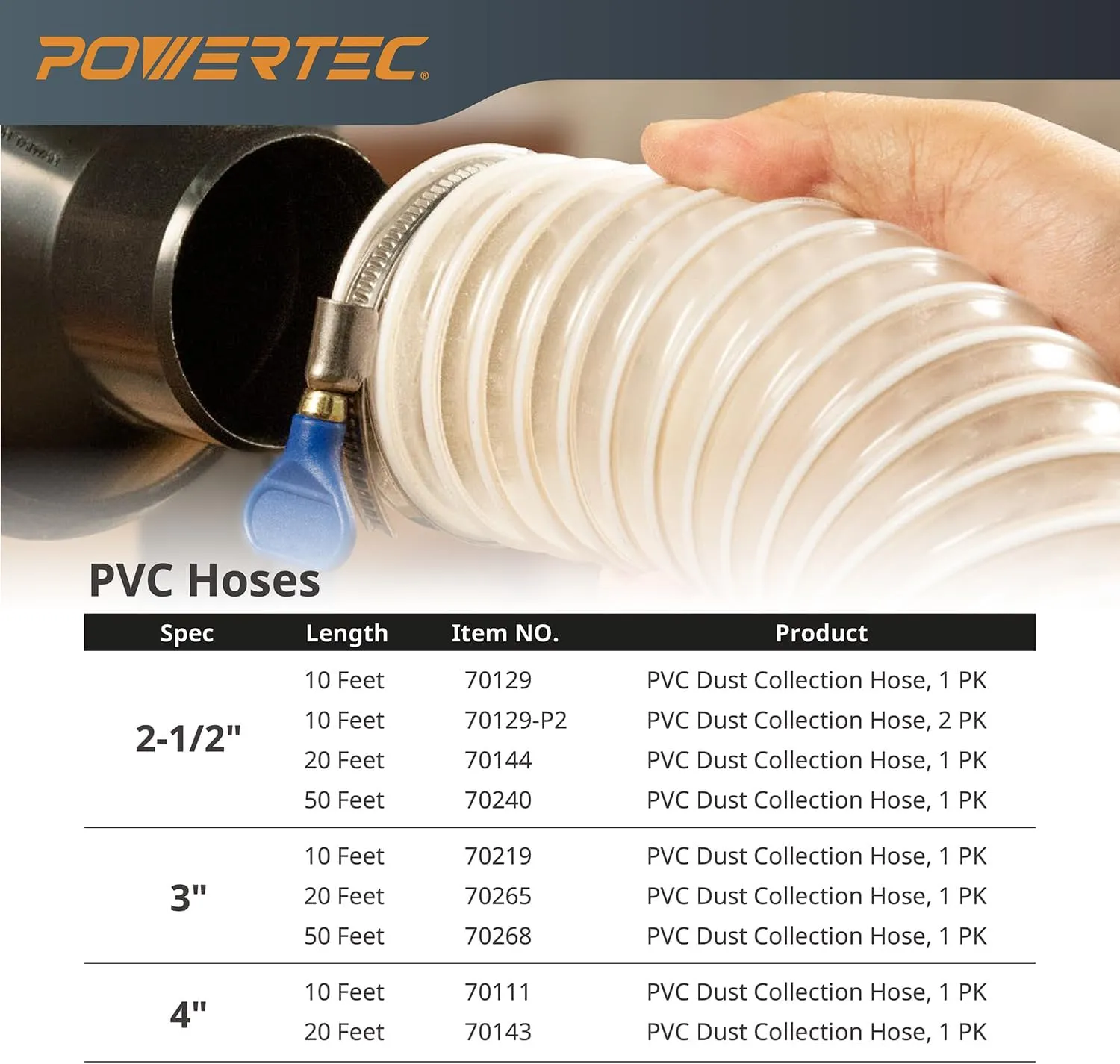 POWERTEC 5" x 20' Dust Collection Hose, 5 Inch Dust Collector Hose for Woodworking and Wood Shop Dust Collection System (70266)