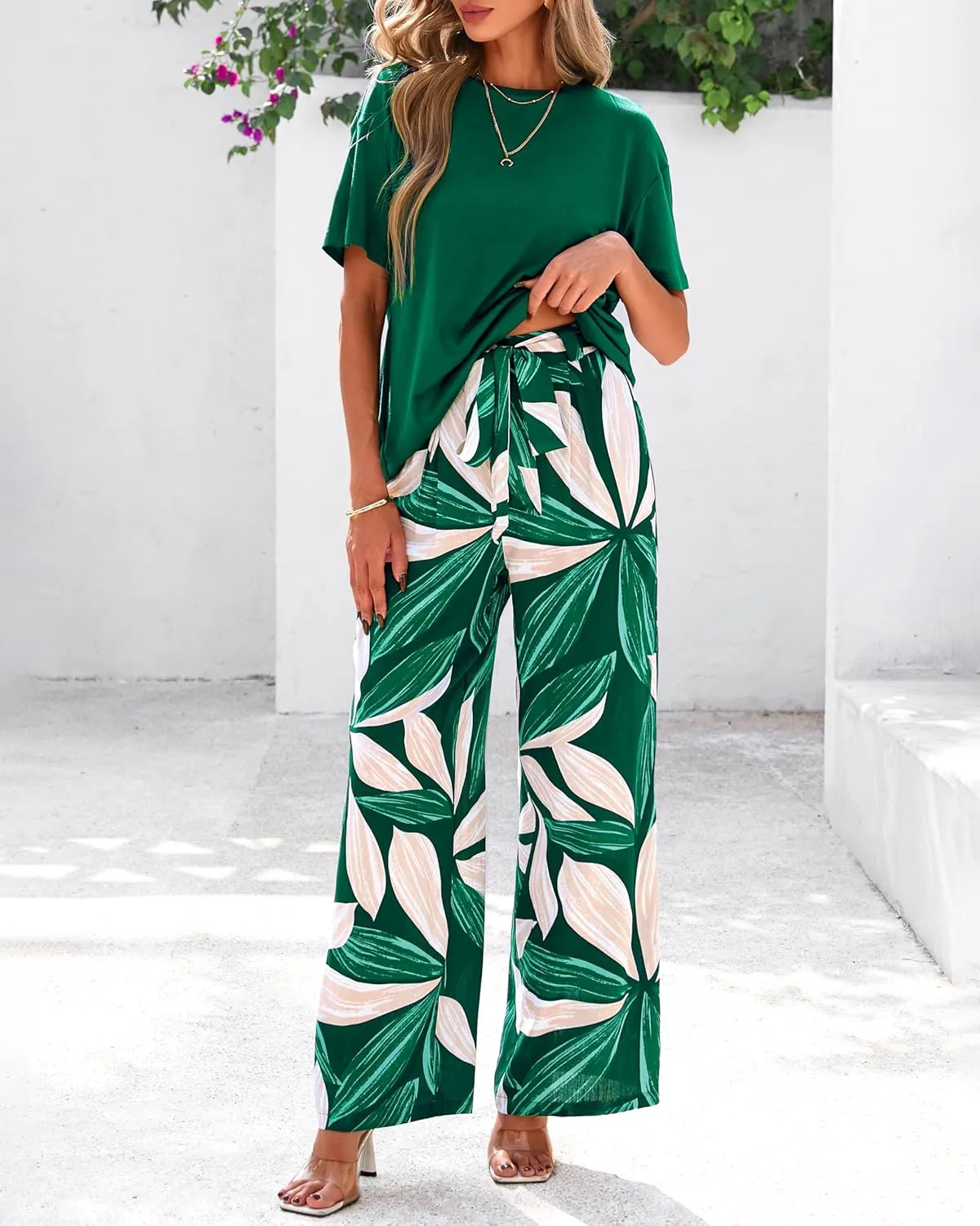 PRETTYGARDEN Women Summer 2 Piece Outfits 2025 Short Sleeve Knit Top Floral Print Belted Wide Leg Pant Sets With Pockets