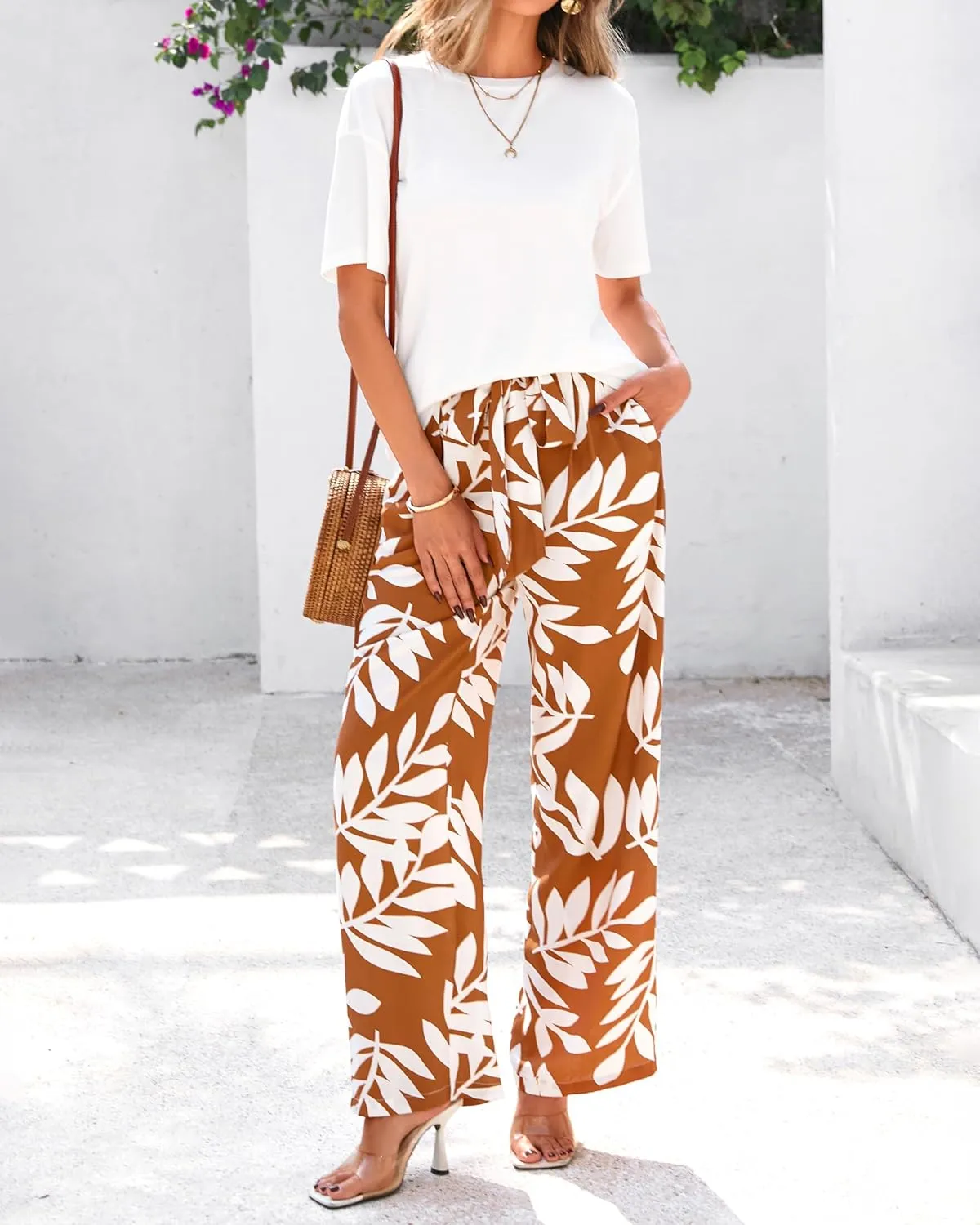 PRETTYGARDEN Women Summer 2 Piece Outfits 2025 Short Sleeve Knit Top Floral Print Belted Wide Leg Pant Sets With Pockets