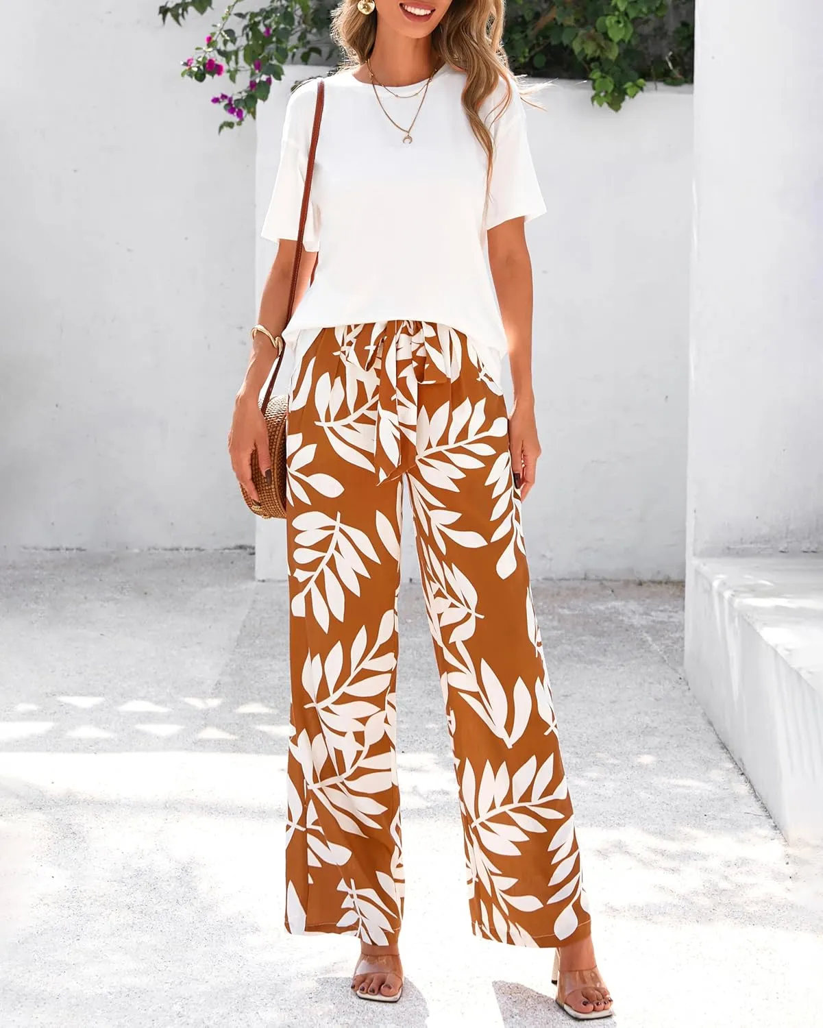 PRETTYGARDEN Women Summer 2 Piece Outfits 2025 Short Sleeve Knit Top Floral Print Belted Wide Leg Pant Sets With Pockets