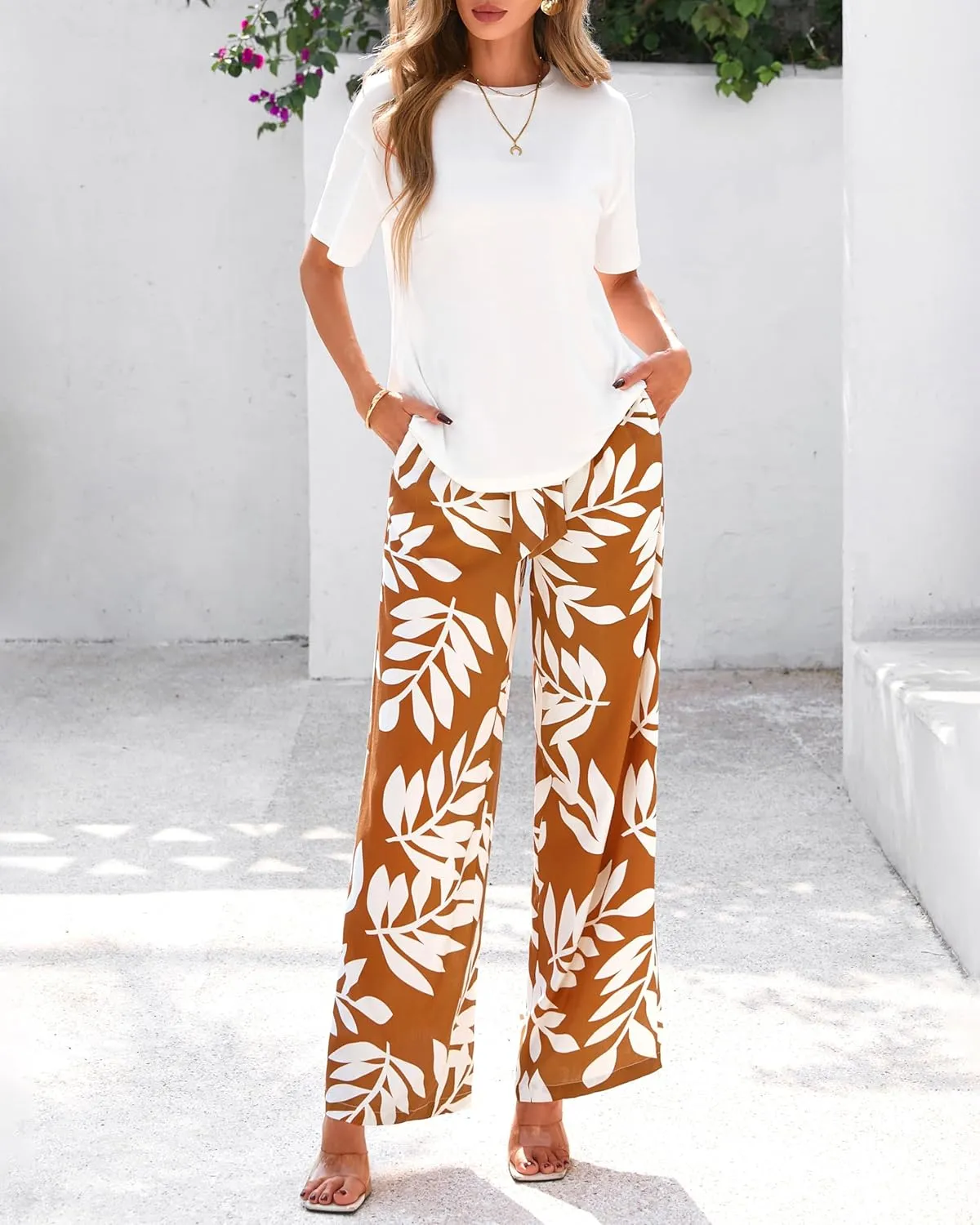 PRETTYGARDEN Women Summer 2 Piece Outfits 2025 Short Sleeve Knit Top Floral Print Belted Wide Leg Pant Sets With Pockets