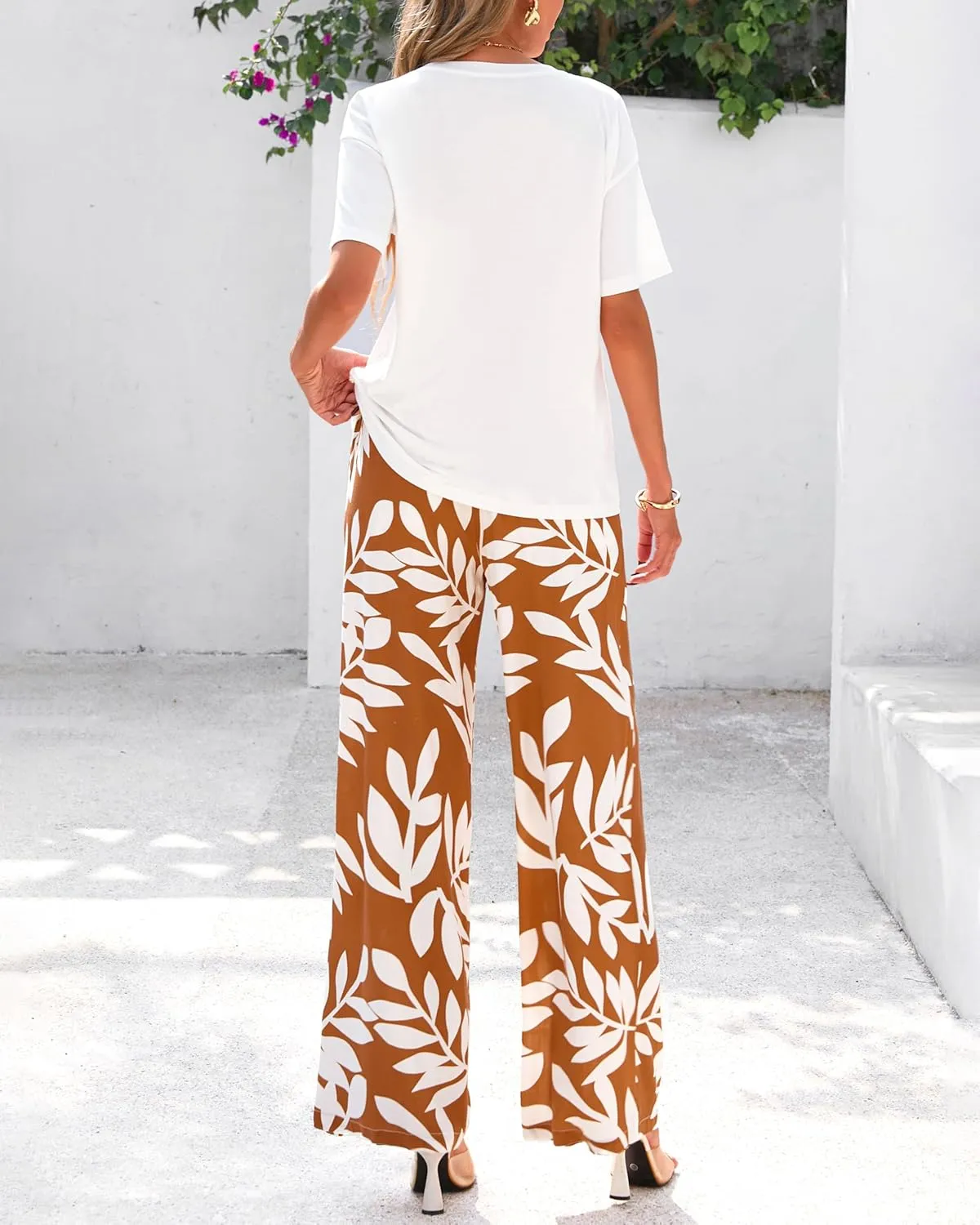PRETTYGARDEN Women Summer 2 Piece Outfits 2025 Short Sleeve Knit Top Floral Print Belted Wide Leg Pant Sets With Pockets
