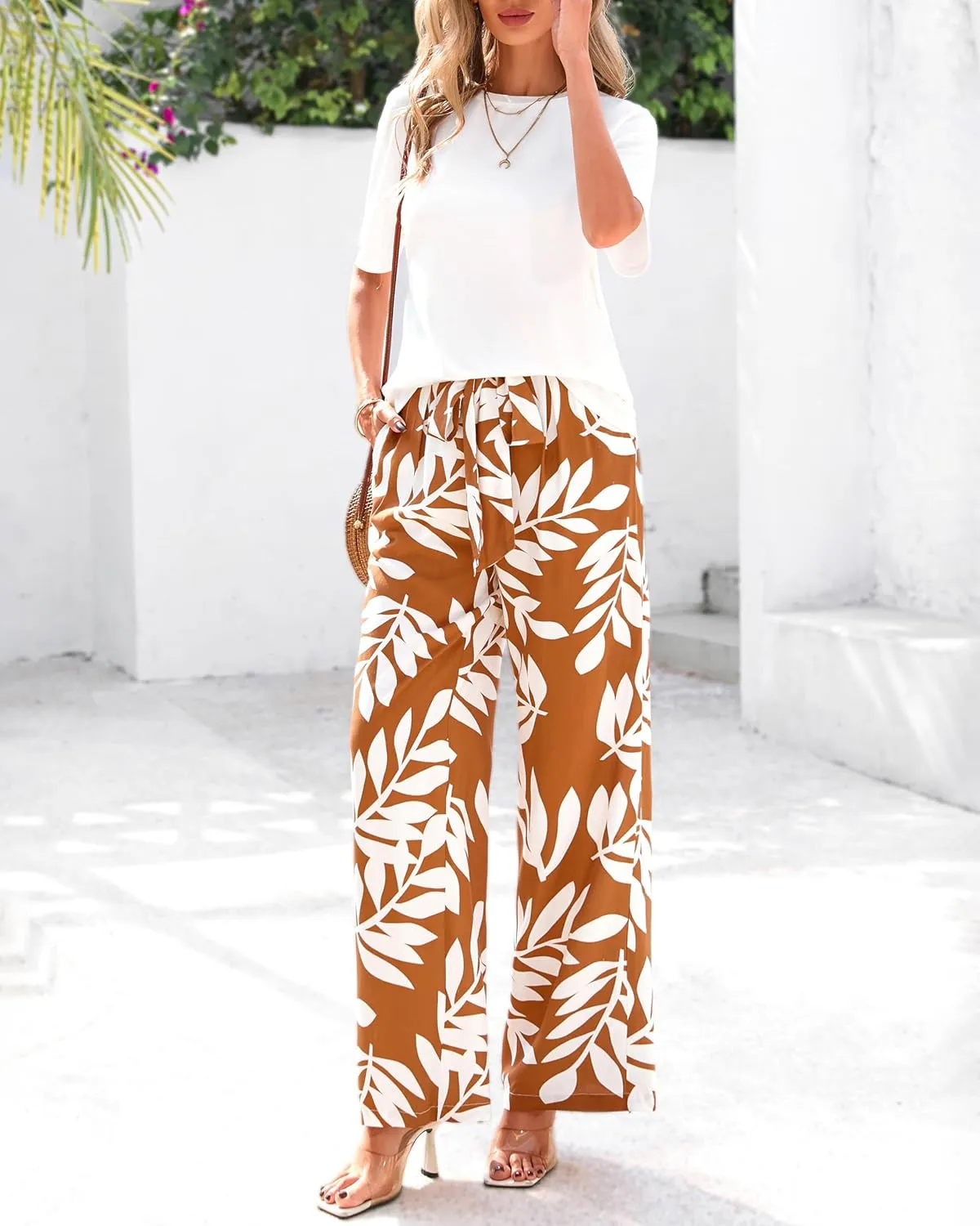 PRETTYGARDEN Women Summer 2 Piece Outfits 2025 Short Sleeve Knit Top Floral Print Belted Wide Leg Pant Sets With Pockets