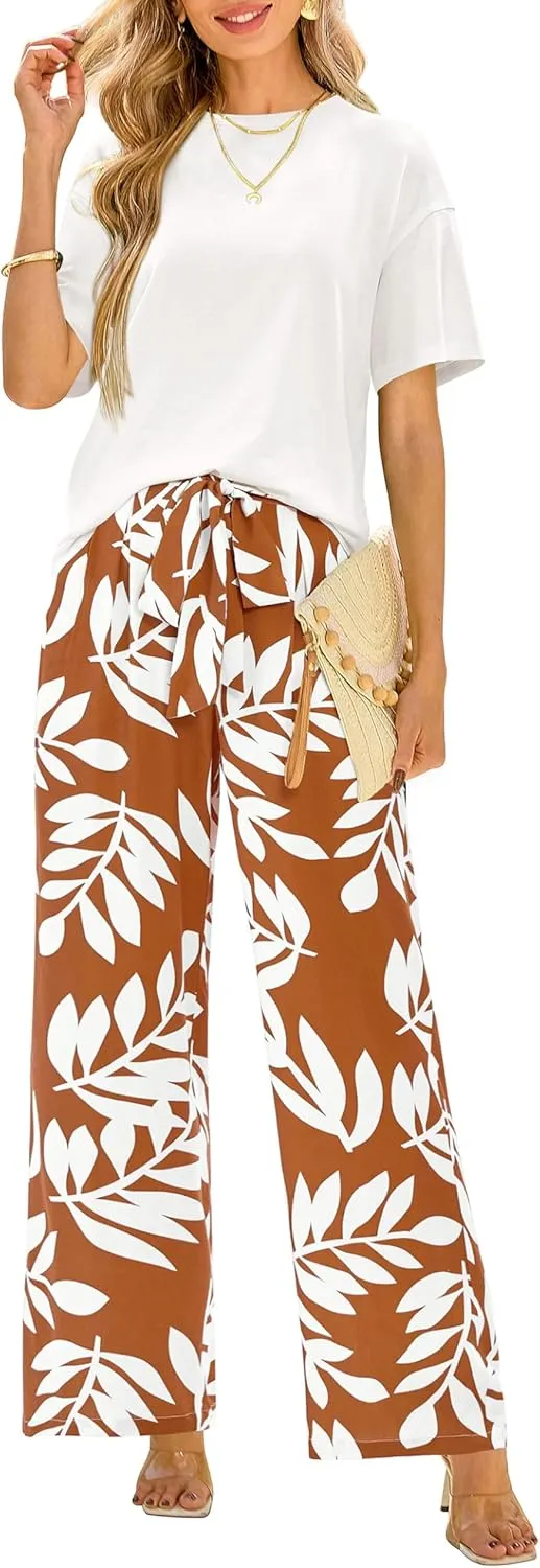 PRETTYGARDEN Women Summer 2 Piece Outfits 2025 Short Sleeve Knit Top Floral Print Belted Wide Leg Pant Sets With Pockets