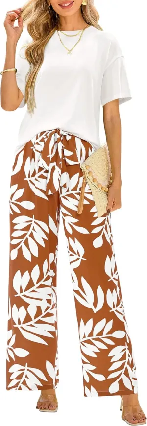 PRETTYGARDEN Women Summer 2 Piece Outfits 2025 Short Sleeve Knit Top Floral Print Belted Wide Leg Pant Sets With Pockets