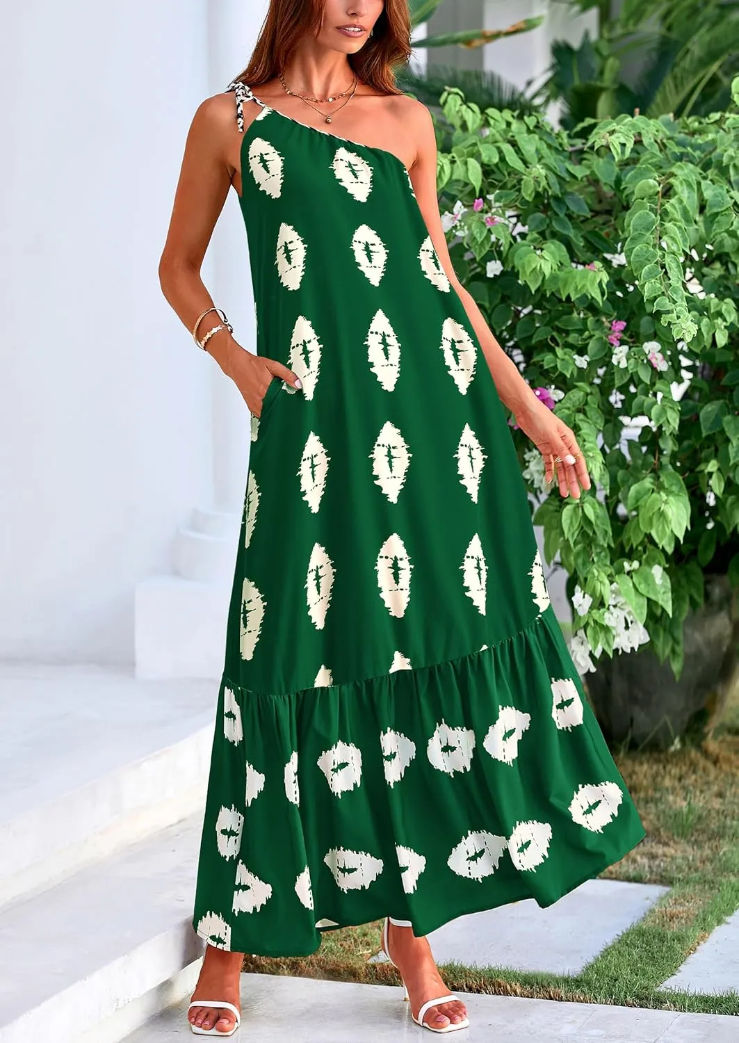 PRETTYGARDEN Women's 2025 Summer Maxi Dresses One Shoulder Printed Flowy Boho Beach Vacation Long Sundress