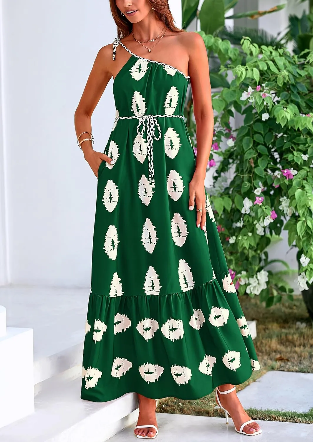 PRETTYGARDEN Women's 2025 Summer Maxi Dresses One Shoulder Printed Flowy Boho Beach Vacation Long Sundress