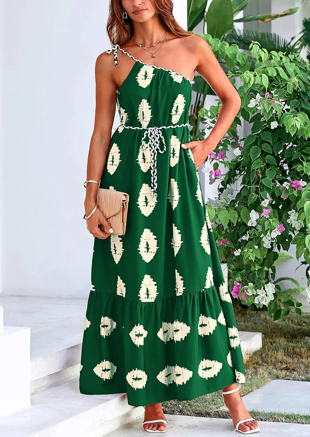PRETTYGARDEN Women's 2025 Summer Maxi Dresses One Shoulder Printed Flowy Boho Beach Vacation Long Sundress