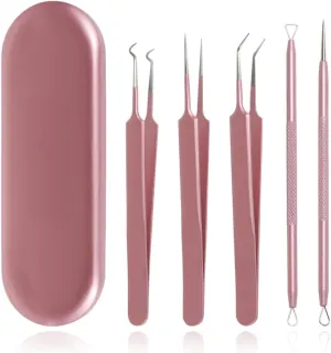 Professional Blackhead Removal Tool Set, Rose Gold Stainless Steel Tweezers and Comedone Extractors, 5 Piece