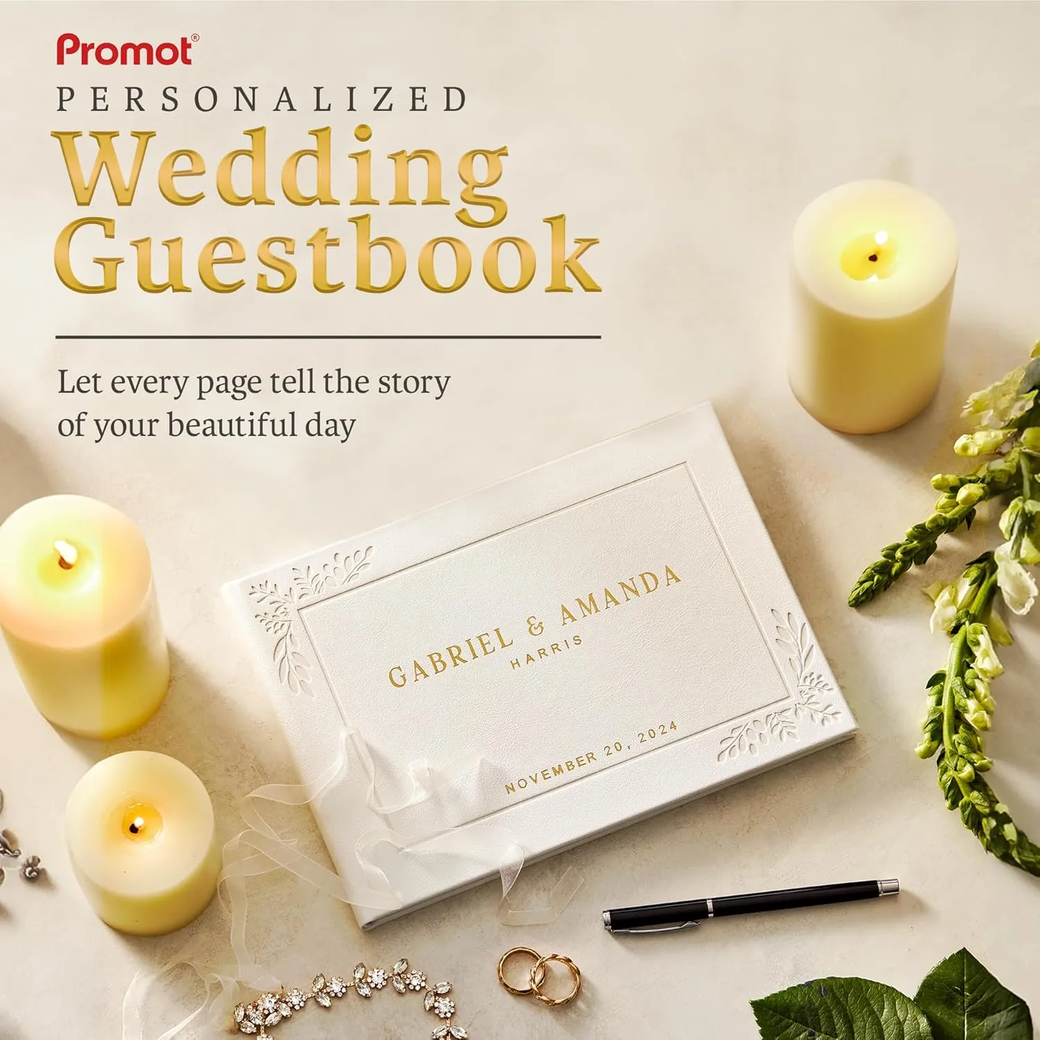 Promot Personalized Wedding Guest Book - Elegant Hardcover Guestbook for Wedding Reception, Bridal and Baby Shower, Birthday, Wedding Books Guests to Sign, Custom Embossed Text with Gold Metallic Foil