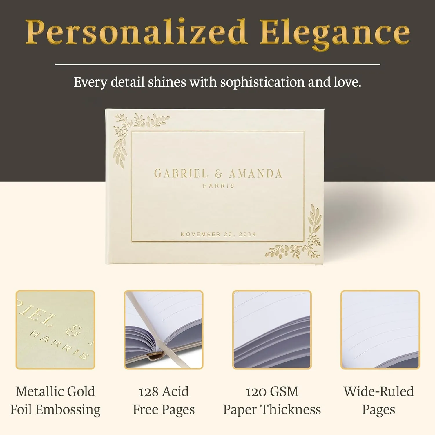 Promot Personalized Wedding Guest Book - Elegant Hardcover Guestbook for Wedding Reception, Bridal and Baby Shower, Birthday, Wedding Books Guests to Sign, Custom Embossed Text with Gold Metallic Foil