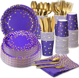 Purple and Gold Party Supplies 140 Pieces Golden Dot Disposable Party Dinnerware - Purple Paper Plates Napkins Cups, Gold Plastic Forks Knives Spoons for Baby Shower, Wedding, Graduation