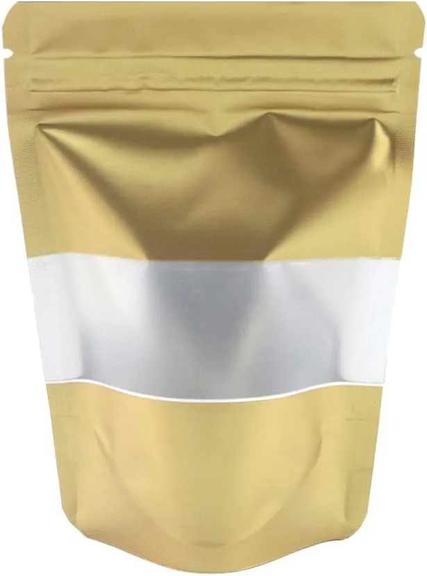 QQ Studio 100 Matte Metallic Color with Frosted Window Display Stand-Up Resealable QuickQlick Bags (7.1" x 10.2", Matte Gold)