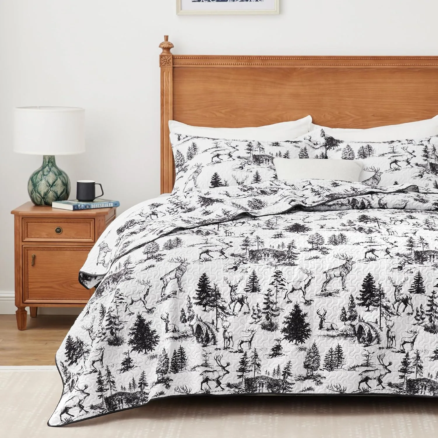 Quilt Sets Queen, 3-Piece Lightweight Reversible All Season White and Black Quilt Set, Bedspread Queen Size Quilt with 2 Shams