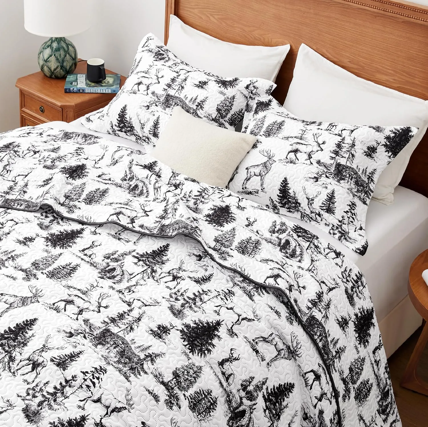 Quilt Sets Queen, 3-Piece Lightweight Reversible All Season White and Black Quilt Set, Bedspread Queen Size Quilt with 2 Shams