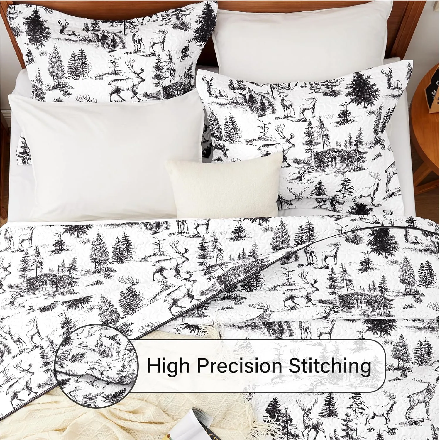 Quilt Sets Queen, 3-Piece Lightweight Reversible All Season White and Black Quilt Set, Bedspread Queen Size Quilt with 2 Shams