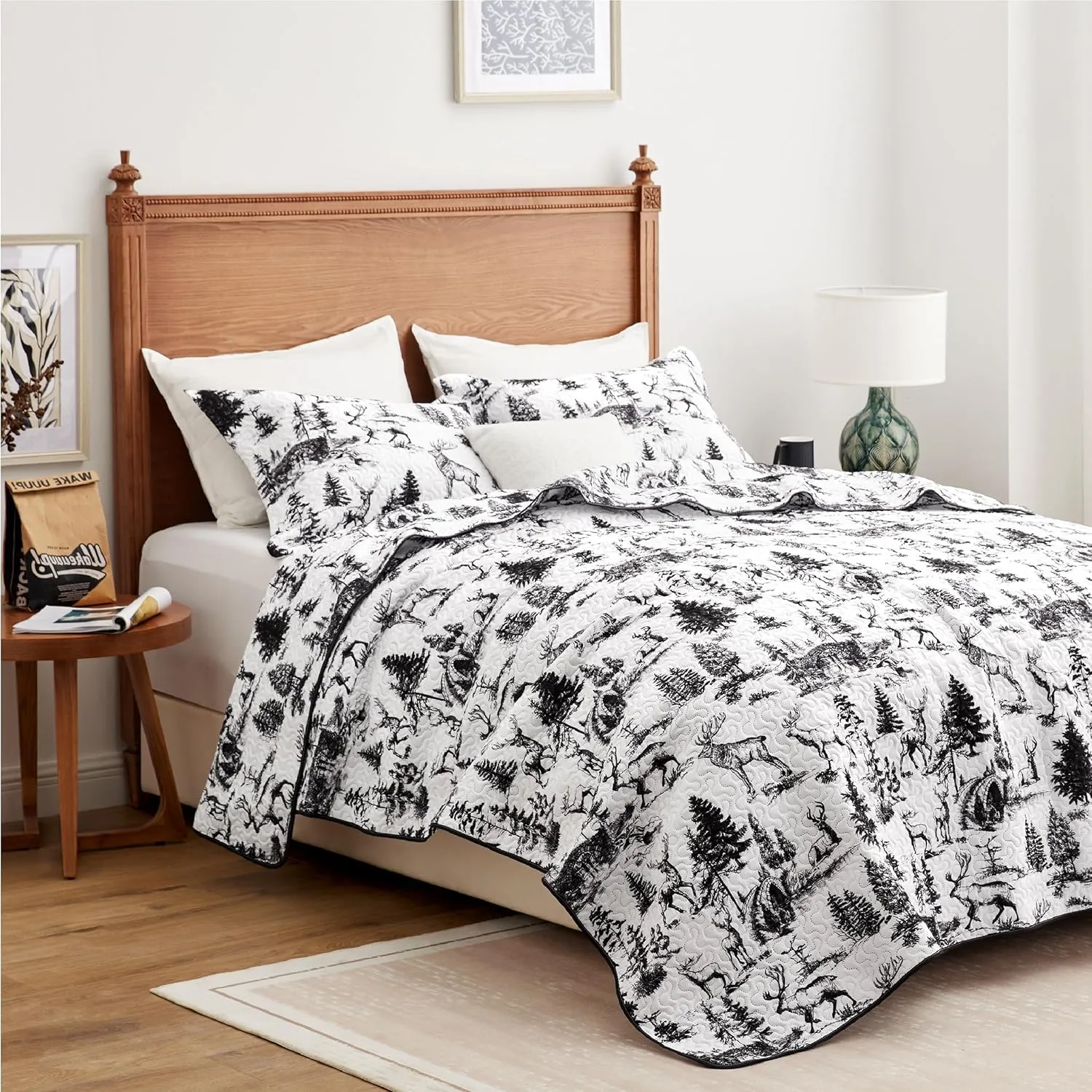 Quilt Sets Queen, 3-Piece Lightweight Reversible All Season White and Black Quilt Set, Bedspread Queen Size Quilt with 2 Shams