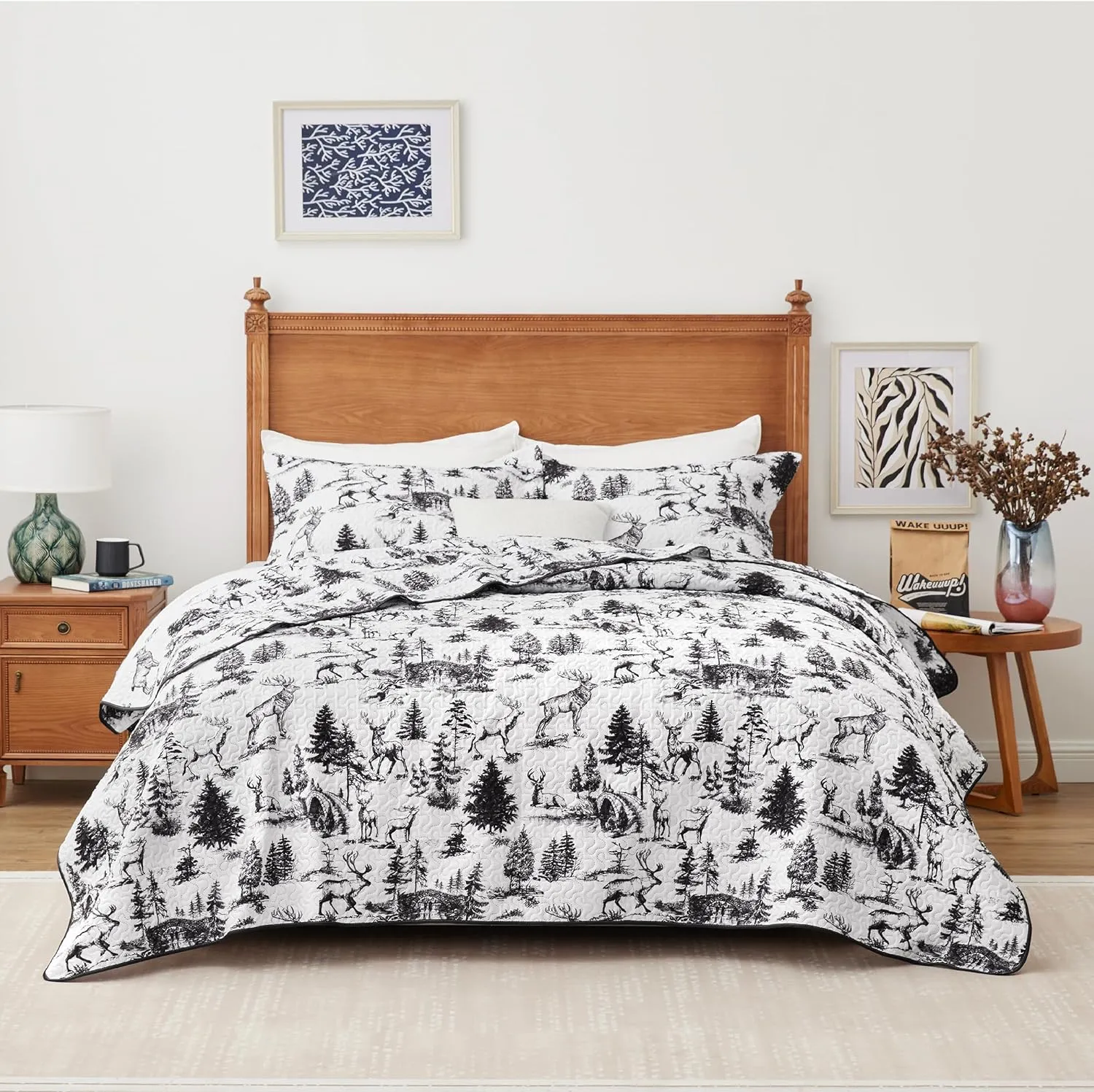Quilt Sets Queen, 3-Piece Lightweight Reversible All Season White and Black Quilt Set, Bedspread Queen Size Quilt with 2 Shams