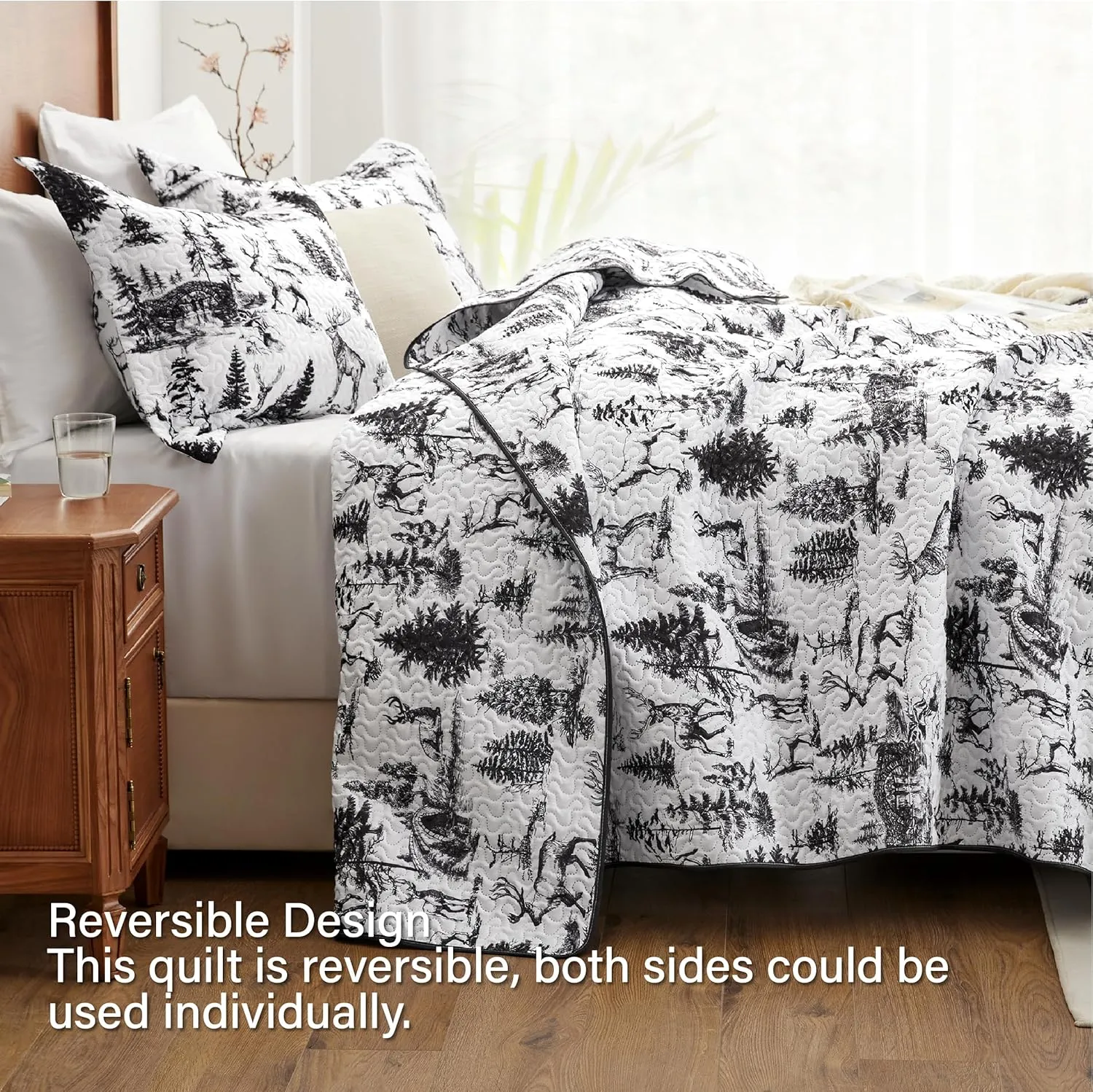 Quilt Sets Queen, 3-Piece Lightweight Reversible All Season White and Black Quilt Set, Bedspread Queen Size Quilt with 2 Shams