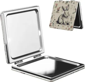 Rabbit Background Printed Square Pocket Makeup Mirror with 1X/2X Magnification, Portable Mini Travel Makeup Mirror for Travel Daily Work Beauty