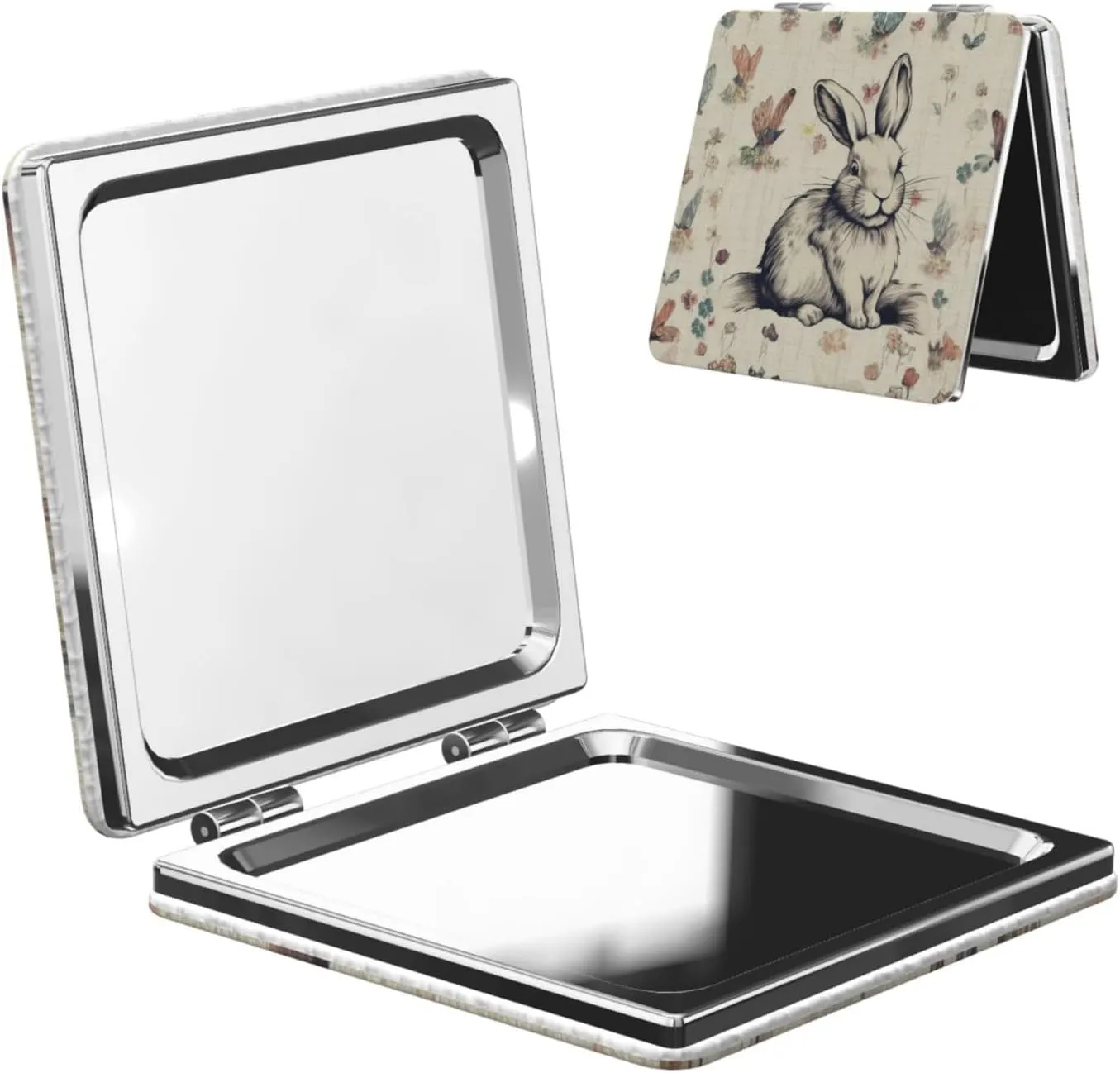 Rabbit Background Printed Square Pocket Makeup Mirror with 1X/2X Magnification, Portable Mini Travel Makeup Mirror for Travel Daily Work Beauty