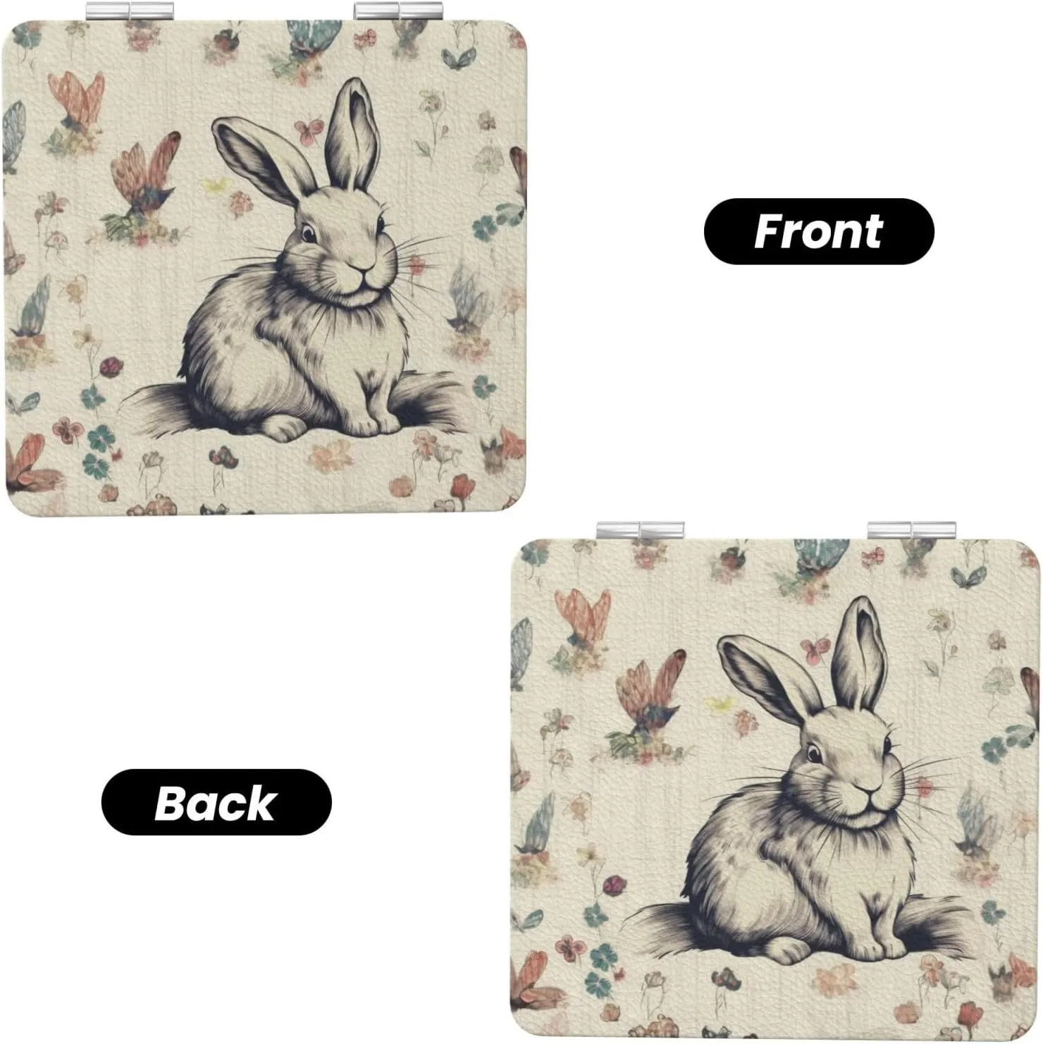 Rabbit Background Printed Square Pocket Makeup Mirror with 1X/2X Magnification, Portable Mini Travel Makeup Mirror for Travel Daily Work Beauty