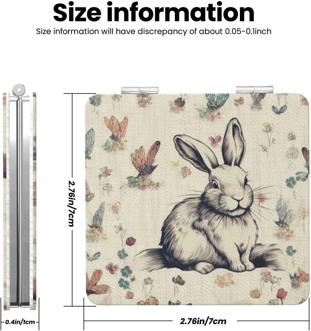 Rabbit Background Printed Square Pocket Makeup Mirror with 1X/2X Magnification, Portable Mini Travel Makeup Mirror for Travel Daily Work Beauty