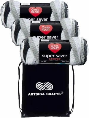 Red Heart Super Saver Newspaper Stripe E300-4153 (3-Skeins - Same Dye Lot) Worsted Medium #4 Acrylic Yarn for Crocheting and Knitting with Project Bag