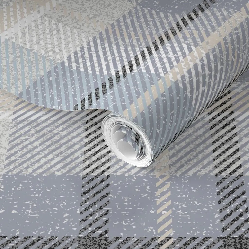 Removable Wallpaper 6ft x 2ft - Blue Gray Plaid Neutral Classic Geometric Calm Check Traditional Large Scale Custom Pre-Pasted Wallpaper by Spoonflower