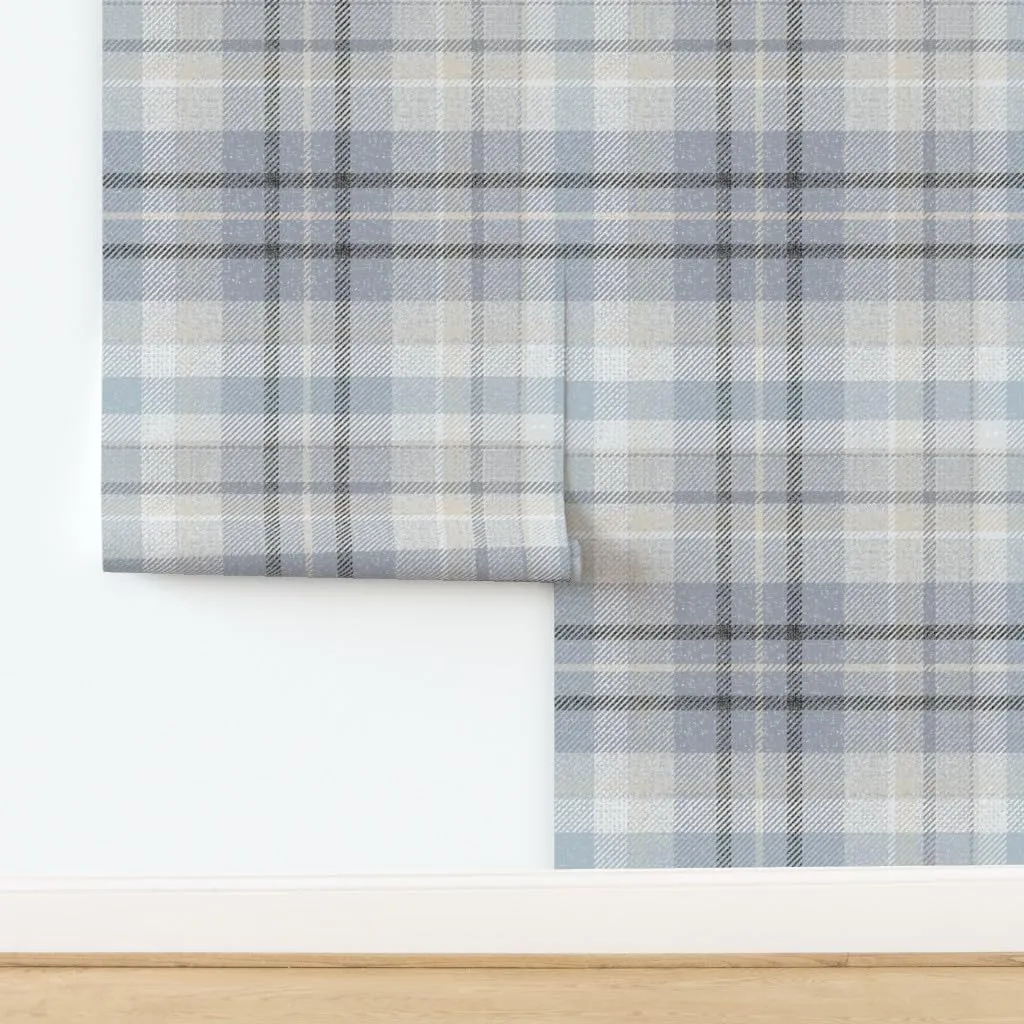 Removable Wallpaper 6ft x 2ft - Blue Gray Plaid Neutral Classic Geometric Calm Check Traditional Large Scale Custom Pre-Pasted Wallpaper by Spoonflower