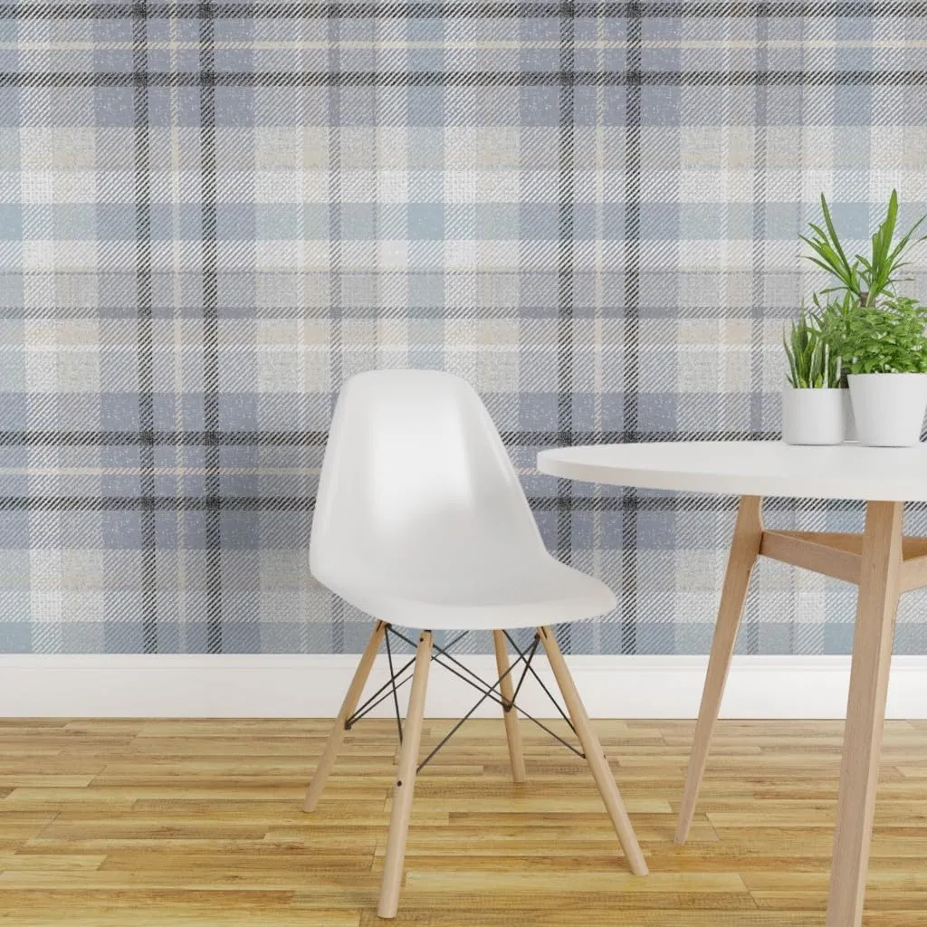 Removable Wallpaper 6ft x 2ft - Blue Gray Plaid Neutral Classic Geometric Calm Check Traditional Large Scale Custom Pre-Pasted Wallpaper by Spoonflower