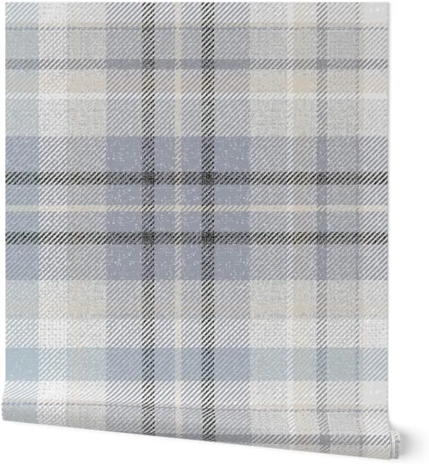 Removable Wallpaper 6ft x 2ft - Blue Gray Plaid Neutral Classic Geometric Calm Check Traditional Large Scale Custom Pre-Pasted Wallpaper by Spoonflower