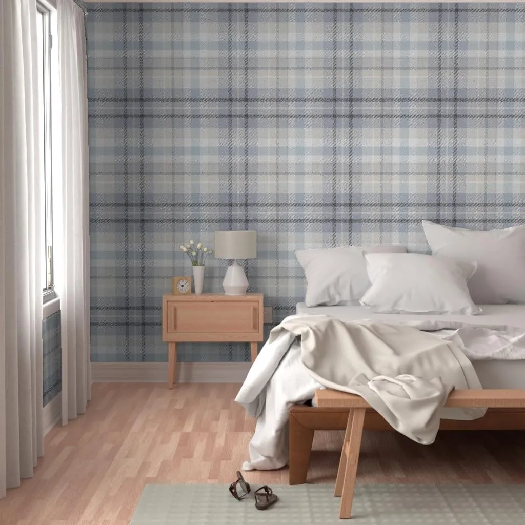 Removable Wallpaper 6ft x 2ft - Blue Gray Plaid Neutral Classic Geometric Calm Check Traditional Large Scale Custom Pre-Pasted Wallpaper by Spoonflower