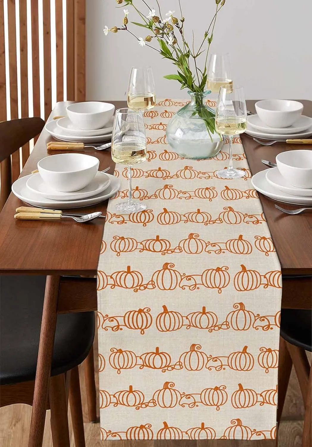 Retro Autumn Pumpkins Table Runner 13x60inches Long,Kitchen Dining Tablerunners Abstract Geometric Lines on Linen Table Runners for Indoor/Outdoor Home Holiday Party Decor
