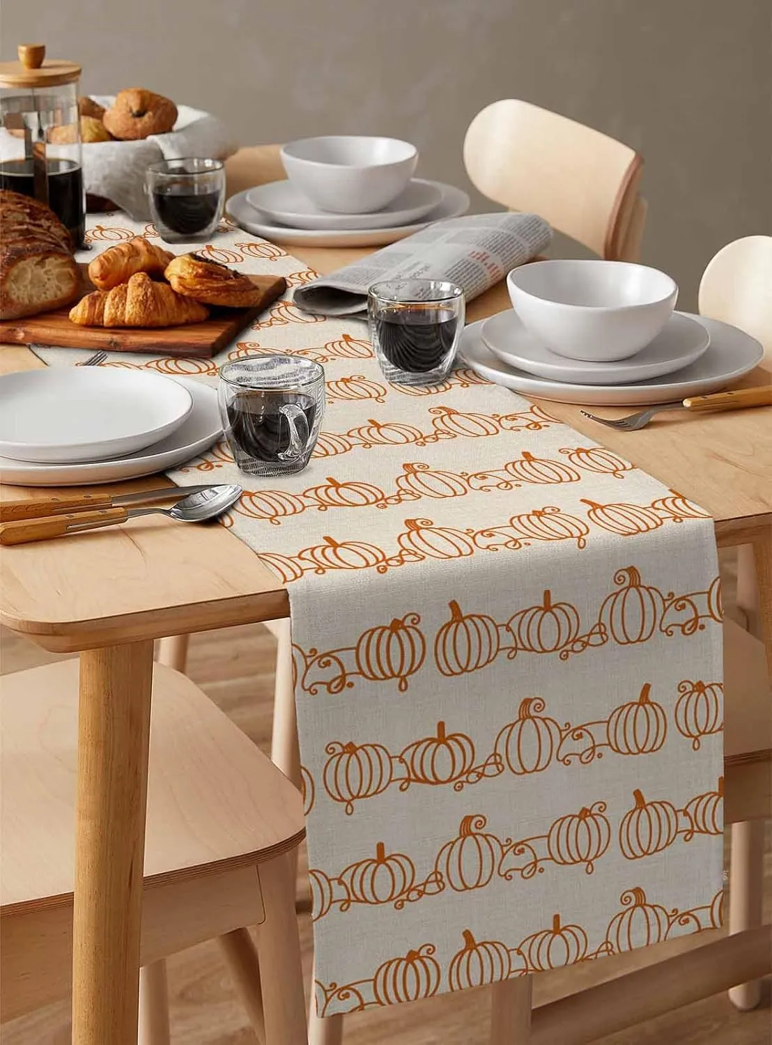 Retro Autumn Pumpkins Table Runner 13x60inches Long,Kitchen Dining Tablerunners Abstract Geometric Lines on Linen Table Runners for Indoor/Outdoor Home Holiday Party Decor