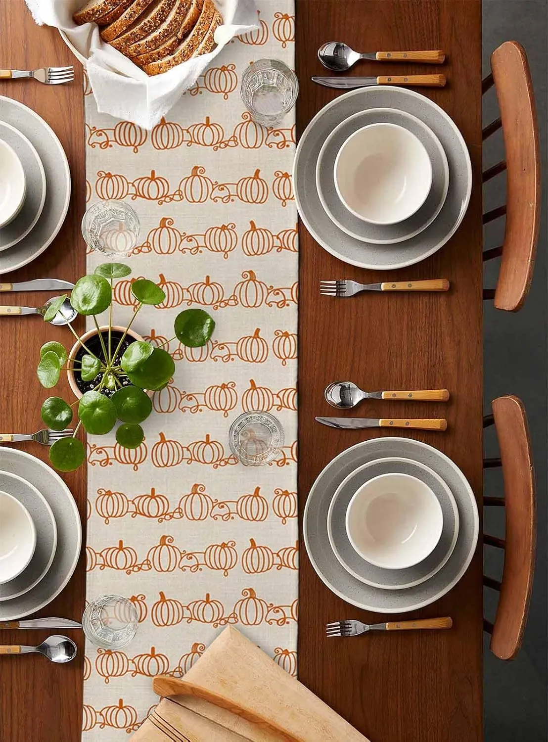Retro Autumn Pumpkins Table Runner 13x60inches Long,Kitchen Dining Tablerunners Abstract Geometric Lines on Linen Table Runners for Indoor/Outdoor Home Holiday Party Decor