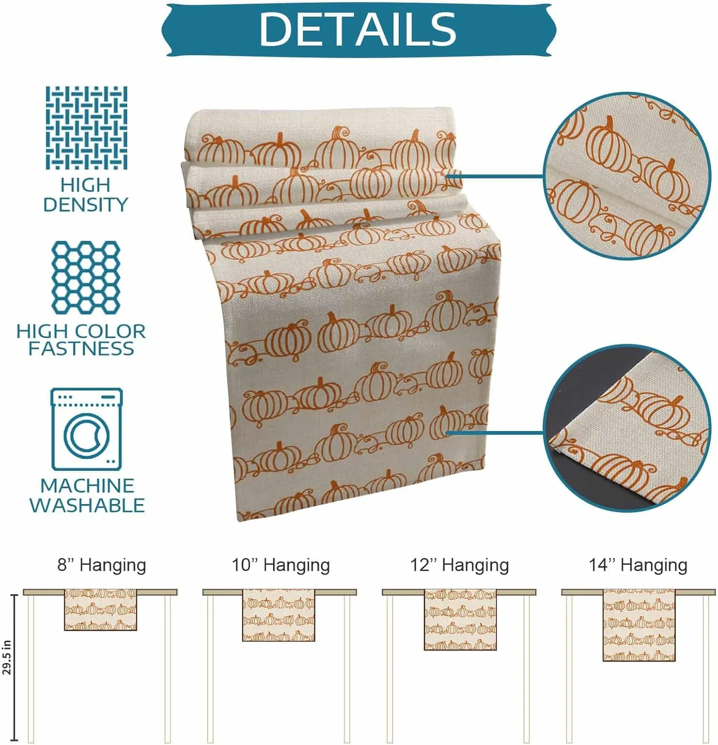 Retro Autumn Pumpkins Table Runner 13x60inches Long,Kitchen Dining Tablerunners Abstract Geometric Lines on Linen Table Runners for Indoor/Outdoor Home Holiday Party Decor