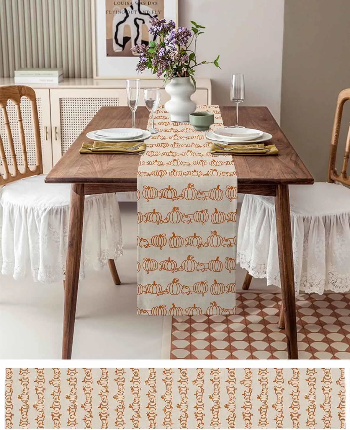 Retro Autumn Pumpkins Table Runner 13x60inches Long,Kitchen Dining Tablerunners Abstract Geometric Lines on Linen Table Runners for Indoor/Outdoor Home Holiday Party Decor