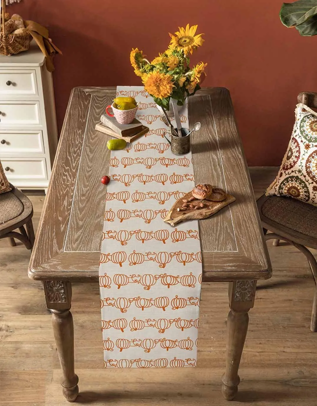 Retro Autumn Pumpkins Table Runner 13x60inches Long,Kitchen Dining Tablerunners Abstract Geometric Lines on Linen Table Runners for Indoor/Outdoor Home Holiday Party Decor