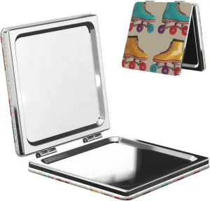 Retro Colorful Roller Skates Printed Square Pocket Makeup Mirror with 1X/2X Magnification, Portable Mini Travel Makeup Mirror for Travel Daily Work Beauty