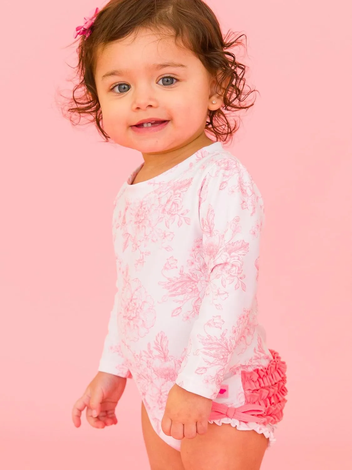 RuffleButts Baby Girls UPF 50  Sun Protection Floral Printed Long Sleeve One Piece Rash Guard Swimsuit with Zipper